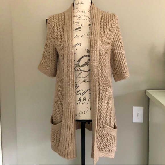 Banana Republic Cozy Wool Cable Knit Soft Brown Open-Front Cardigan Sweater - M - Picture 1 of 5